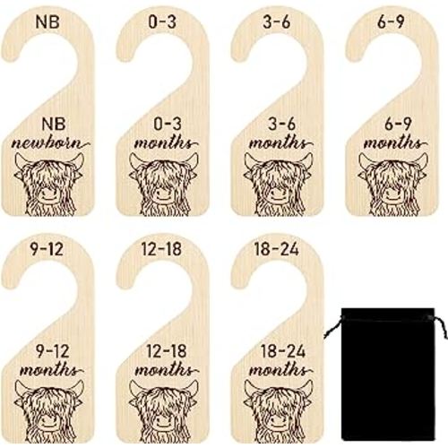 R HORSE 8Pcs Highland Cow Baby Closet Dividers Wooden Nursery Closet Organizer Double-Sided Baby Clothe Size Hanger Hanging Clothes from Newborn to 24 Months Age Dividers for Baby Boy Girl Shower Gift