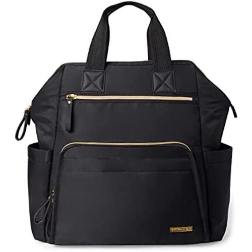 Skip Hop Diaper Bag Backpack: Mainframe Large Capacity Wide Open Structure with Changing Pad & Stroller Attachement, Black with Gold Trim