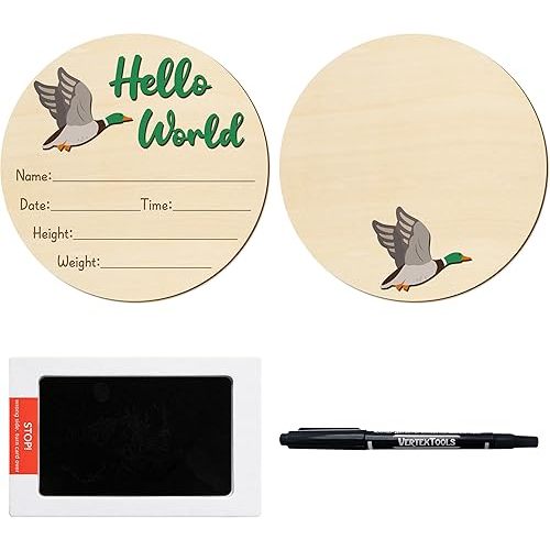 R HORSE Baby Birth Announcement Sign with Marker Pen, 3D Mallard Duck Baby Name Sign with Ink Pad for Hand and Footprints, Wooden Hello World Newborn Announcement Nursery Decor Keepsake Gifts