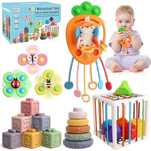 5 in 1 Montessori Baby Toy Set for Toddler Aged 6+ Month - Fine Motor Skill Learning Toys for Baby Grasp & Hand-Eye Coordination. STEM Easter Basket Stuffers Gifts for Baby 1 2 3 Years Old