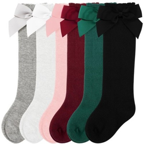 Cozyway Ruffled Baby Knee High Socks for Girls, 6 Pack, White/Black/Gray/Pink/Burgundy/Green with Bow, 0-9 Months Old