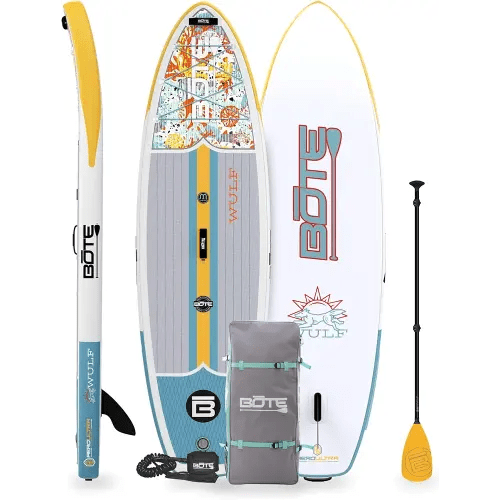 BOTE Wulf Aero Inflatable Stand Up Paddle Board Kit Includes Accessories Adjustable Paddle iSUP Travel Bag Blow Up Pump Safety SUP Coiled Leash Multiple Sizes