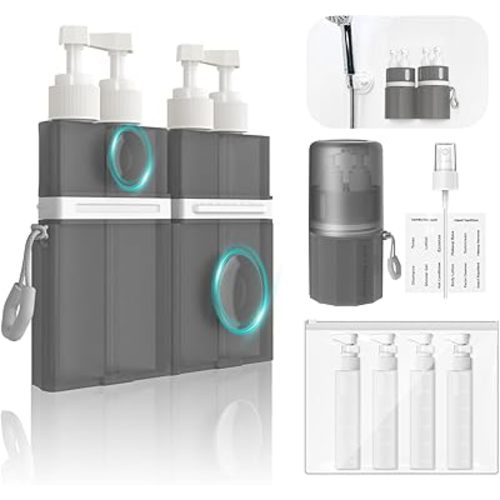 YOTIME 4in1 Travel Bottles Set, Vacuum Silicone Suction Cup for Smooth Walls, TSA Approved Leak Proof Travel Size Containers for Toiletries, Shampoo, Body Wash and Conditioner, Gray