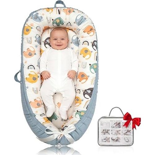 Organic Cotton Baby Lounger – Reversible, Portable, Soft & Breathable with Washable Cover | Perfect for Awake-Time Use Only - Big Elephant
