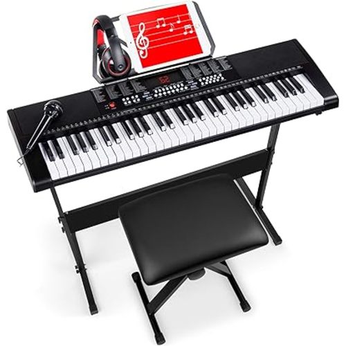 Best Choice Products 61-Key Electronic Keyboard Piano Portable Electric Keyboard Complete Beginner Set w/LED Screen, Stand, Bench, Headphones - Black