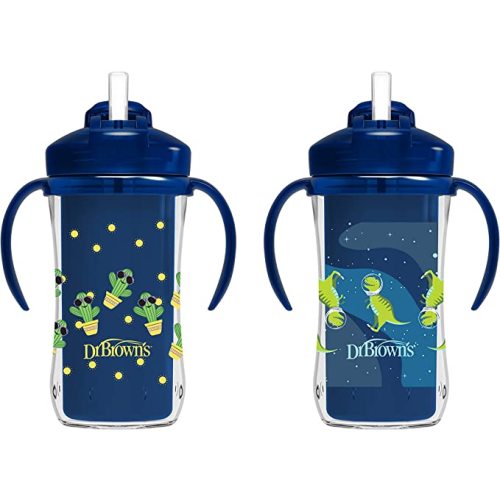 Dr. Brown's Milestones Insulated Sippy Cup with Straw and Handles, Spill-Proof Tumbler with Lid, 2-Pack, Blue, 10 oz/300 mL, BPA Free, 12m+