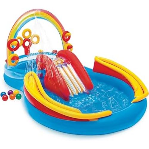 Intex 57453EP 9.75 Foot x 6.3 Foot x 53 Inch Multicolor Rainbow Slide Kids Inflatable Pool with Water Slide and Ring Toss for Children Ages 2 and Up