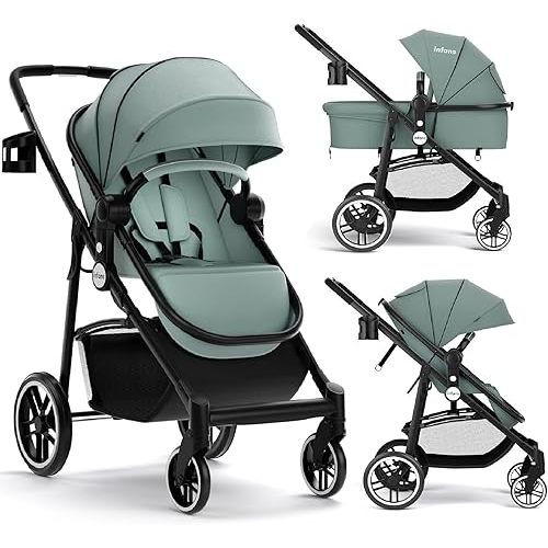 INFANS 2 in 1 Baby Stroller, High Landscape Infant Stroller & Reversible Bassinet Pram, Foldable Pushchair with Adjustable Canopy, Cup Holder, Storage Basket, Suspension Wheels (Green)