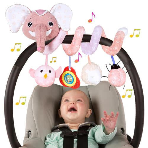 Car Seat Toys for Babies 0-6 Months, Infant Spiral Activity Toys Baby Gril Car Seat Toys 6-12 Months Hanging Stroller Toys for Baby Girls 0-6 Months with Musical Owl Rattle Sheep - Pink Elephant