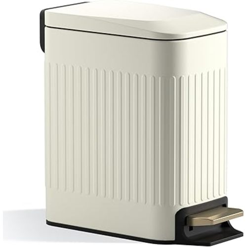 Small Bathroom Trash Can with Lid Soft Close-6L/1.6 Gal Slim Step Garbage Can-Metal Pedal Wastebasket-Narrow Rectangle Garbage Container Bin for Corner Office, Bedroom, Toilet, Live Room-Beige