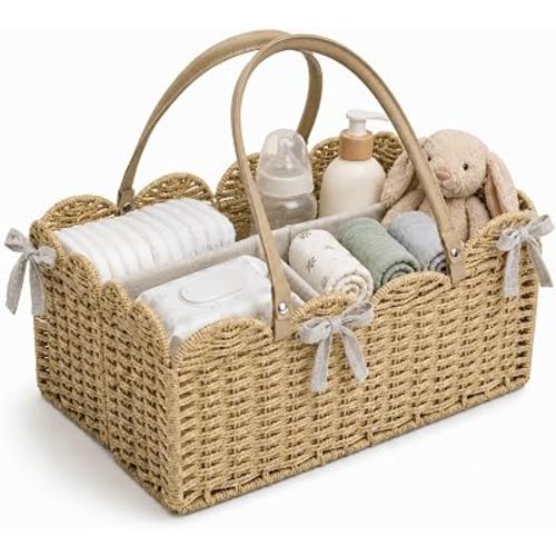 Large Baby Diaper Caddy Organizer, Woven Scalloped Diaper Basket with Removable Divider, Nursery Storage Basket for Changing Table, Newborn Essentials and Baby Shower Gifts