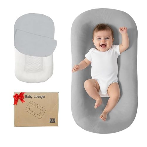 Lucakuins Baby Lounger, Bionic Design Baby Lounger for Newborn 0-24 Months, Soft Organic Cotton Breathable Lounger for Infants (Grey Newborn Lounger)
