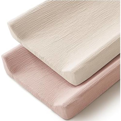 Changing Pad Cover for Neutral Baby Muslin Soft Cotton Diaper Changing Table Pad Cover Changing Pad Sheets for Girls and Boys - 2 Pack(Ivory&Pink)