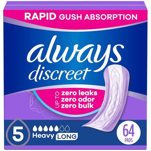 Always Discreet Adult Incontinence Pads for Women, Heavy Absorbency, Long Length, Postpartum Pads, 32 Count x 2 Packs (64 Count Total) (Packaging May Vary)