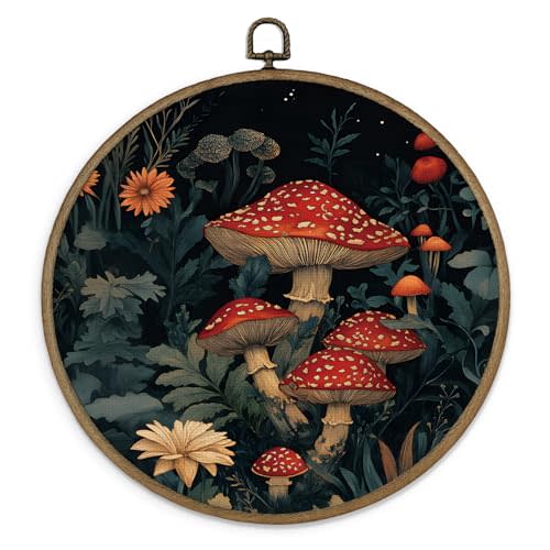 MAQIKA Vintage Mushroom Botanical Framed Wall Art Decor, Mushroom Wall Art, Dark Cottagecore Round Wall Hanging Decor, Farmhouse Canvas Prints Wall Art for Bathroom Kitchen Bedroom, 10x10 Inch