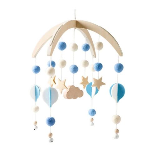 Baby Mobile for Crib, Wooden Baby Crib Mobile with Felt Ball Decor, Baby Crib Nursery Mobile Star Moon for Baby Boys and Girls, Boho Hanging Decor Baby Bed Bell Crib Rattle Hanging Wind Chime Blue