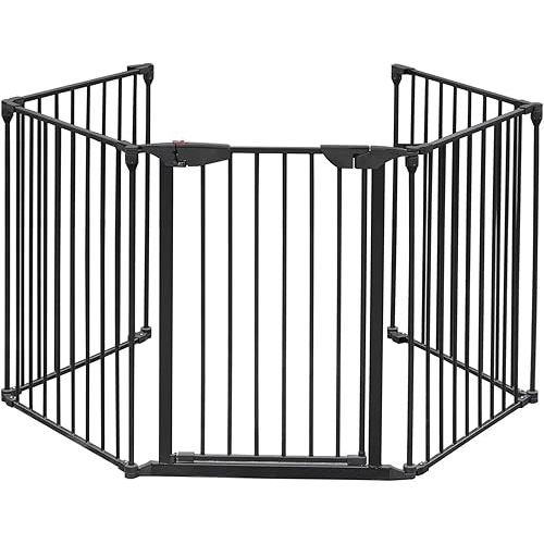 Bonnlo 120 Inches Wide Configurable Baby Gate Fireplace Safety Fence/Guard Adjustable 5-Panel Metal Play Yard for Toddler/Pet/Dog Christmas Tree Fence, Includes 4 Pack of Wall Mounts, Black