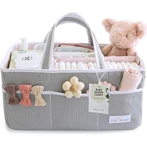 Lily Miles Baby Diaper Caddy Organizer, Girl Nursery Storage Basket with 8 Pockets, Baby Organizer and Storage, Easy-to-Clean Fabric, Large, Pink Blush