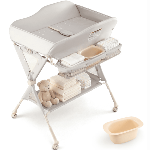 INFANS Baby Changing Table with Wheels, Portable Folding Diaper Station Nursery Organizer with Storage Basket, Hanging Rack, Adjustable Height, Safety Belt for Newborn Infant (Light Gray)