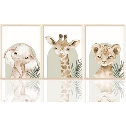 HNNXAR Nursery Poster Wall Art Set Of 3 Baby Boy Girls Kids Room Picture Wall Decor Jungle Safari Lion Elephant Giraffe Canvas Painting Cute Animal Prints For Children Toddlers Bedroom 12x16 Unframed