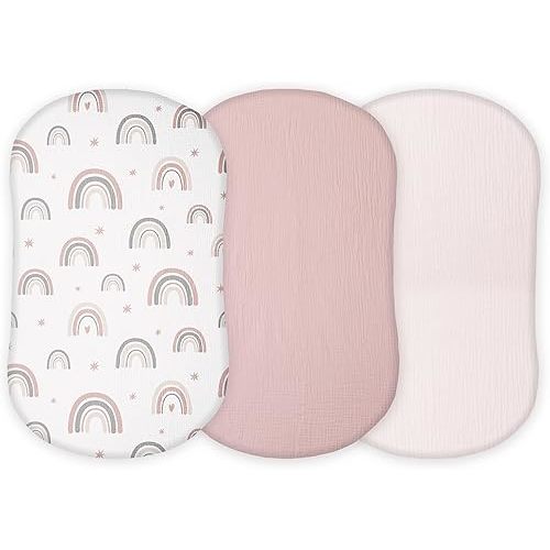 Muslin Bassinet Sheets Compatible with Halo Bassinest Swivel, Flex, Glide, Premiere and Luxe Series Sleeper, Pack 3, 33 X 17 Inch, Ultra Soft and Snug Fit, Unisex Boys Girls, Pink Rainbow