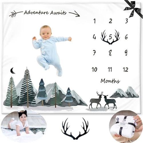 Baby Monthly Milestone Blanket Boy - Milestone Blanket for Baby Boy Includes Felt Frame, Adventure Mountain Month Blanket Woodland Nursery, Baby Shower Baby Milestone Blanket, 50x40