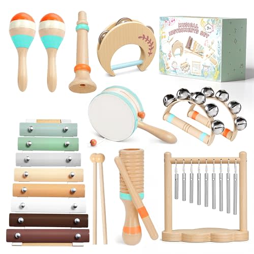 Toddler Musical Instruments-Musical Toys Montessori Wooden Toys for Toddlers 1-3 , Baby Musical Instruments with Modern Boho Xylophone Toddler Toys with Storage Bag for Kids Preschool Educational 3+