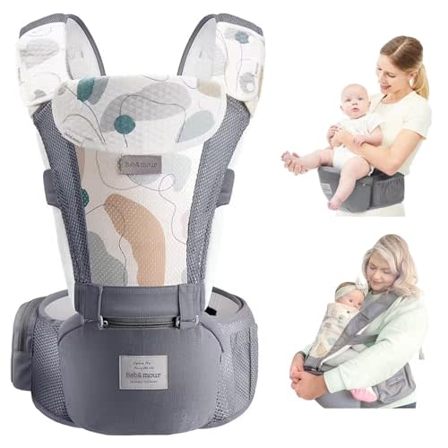 Bebamour Baby Carrier Newborn to Toddler-2 in 1 Hip Seat & Carrier Front and Back Carry with Head Hood & 3 Pieces Teething Pads& Waist Extenders & Storage Bag 0-36 Months (Grey)