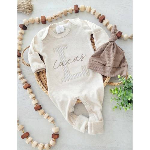 Personalized neutral baby romper and hat set, custom infant boy coming home outfit, baby shower gift, beige with footies, taupe tan