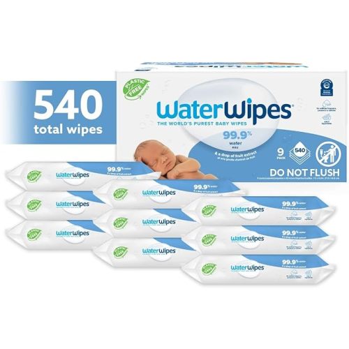WaterWipes Plastic-Free Original-baby Wipes, 99.9% Water Based Wipes, Unscented & Hypoallergenic for Sensitive Skin, 540 Count (9 packs), Packaging May Vary