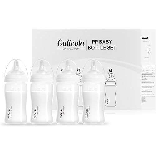 Natural Breastfeeding Bottles Wide Neck, Newborn Baby Bottles with Slow Flow Nipples (S), 0 Months +, BPA Free PP, 7 oz & 4 Pack - White