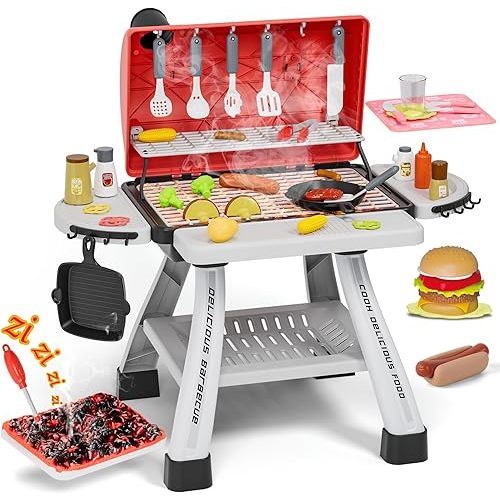 Kids Toys Kitchen Playset, Kids BBQ Grill Playset with Smoke, Sound & Light, Toy Grill for Kids, Pretend Play Food Hamburger, Interactive Toys Barbecue Cooking Game for Toddlers Boys Girls 3-5