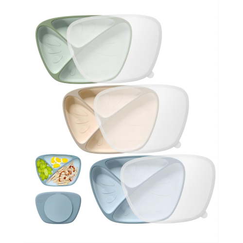Baby Suction Plates with Lids 3 Pack, Food Grade Silicone Divided Plates for Toddlers Dinner Plate with Cover BPA Free Toddlers Dishes for Baby Feeding, Deeper Design & Dishwasher Safe