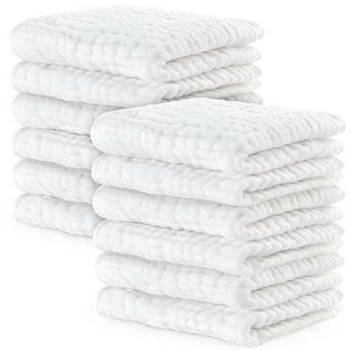Comfy Cubs Muslin Baby Washcloths 10 Pack - Soft 6-Layer Cotton Wash Cloths for Sensitive Skin - 10"x10" Large, Gentle, Absorbent Infant Essentials for Newborn and Toddlers - White