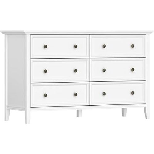 IKENO White 6 Drawer Dresser for Bedroom, Modern Solid Wood Large Storage Cabinet, Simple White Chest of Drawer for Bedroom Living Room Hallway Entryway