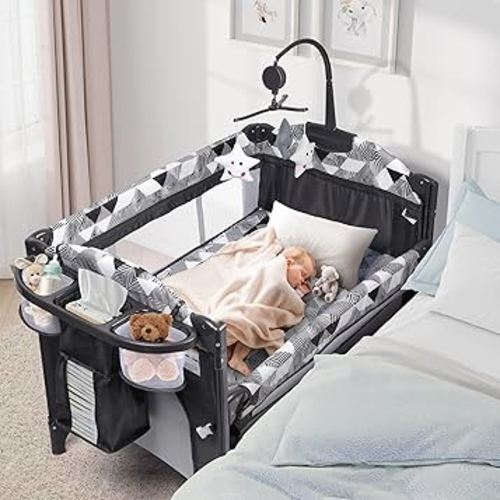 Xilingol 5-in-1 Pack and Play with Changing Table, Baby Bassinet Bedside Sleeper with Storage Bag & Music Box, Portable Baby Crib with Carry Bag, Foldable Playard with Bassinet for Newborn to Toddlers