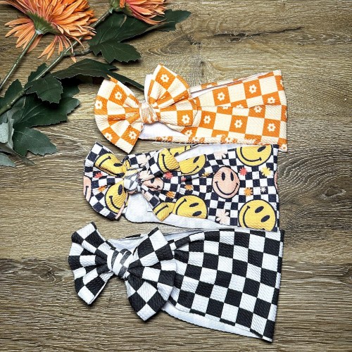 Dainty Baby Print Stand-Up Headwraps - Black and White Checkered, Boho Rust Orange Floral Check Wrap Bow Headband - Infant Small Ruffle Bows