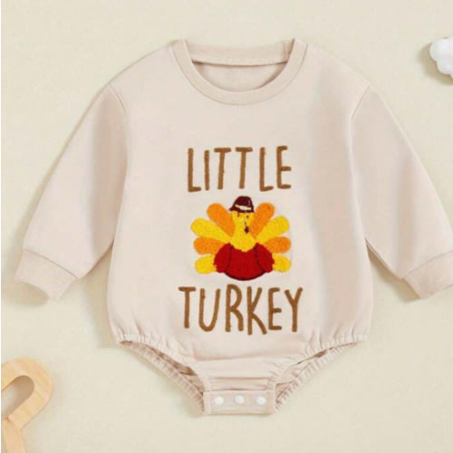 Baby Thanksgiving Sweatshirt Romper Letter Embroidery Round Neck Long Sleeve Bubble Jumpsuit