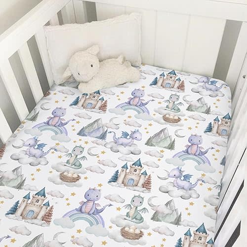 Purple Baby Dragons Crib Sheets for Boy Girl Fairytale Dragon Castle Trees Moon Rainbow Soft Stretchy Fitted Crib Mattress Cover for 52''x28'' Standard Crib & Toddler Mattress Fantasy Animal Bed Sheet