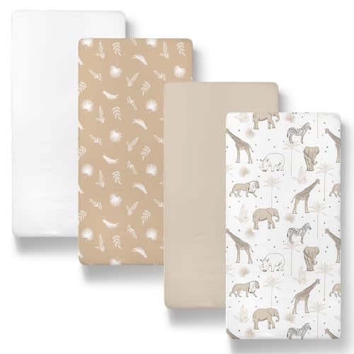 The Peanutshell Baby Organic Bassinet Sheets 4-Pack Boy or Girl - Ultra Soft & Rectangle Baby Sheet, 100% Jersey Cotton, Fitted Covers for Crib, Halo Bassinet Mattress - Caramel Safari