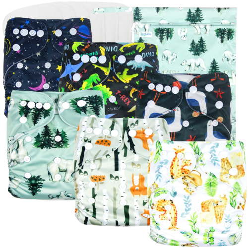 Langsprit 6 Pack Baby Cloth Diaper with 6 Highly Absorbent Inserts, Reusable Baby Diapers, Washable Cloth Diapers Newborn, Wild Animals