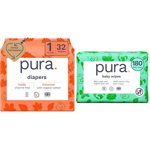 Pura Hypoallergenic Trial Pack Diapers Size 1 (4-11 lbs) + Natural Sensitive Baby Wipes Starter Bundle | Organic Cotton, Chlorine-Free, Fragrance-Free, EWG Verified, for Sensitive & Eczema-Prone Skin