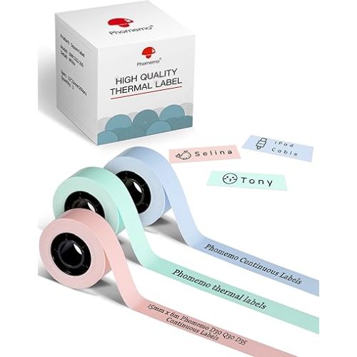 Phomemo Continuous Labels,3 Roll D30 Label Maker Tape,Durable Printed Non-Precut Label for Daycare,Name,Travel,Lunch Boxes,Cup,School Supplies,for Phomemo D30 Q30 D35 Label Maker,0.59'' x 19.68ft