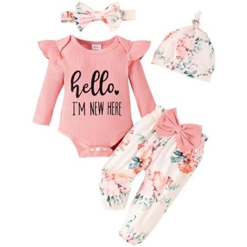 Baby Girl Summer Clothes I’m New Here Newborn Going Home Outfit Ruffle Ribbed Romper Tops Floral Shorts Set + Headband