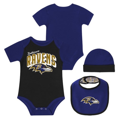 Newborn & Infant Baltimore Ravens Dynamic Duo Bodysuit, Bib & Knit Hat Set