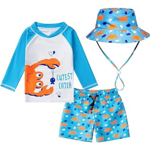 Toddlers Baby Boys' 3-Piece Swimsuit Trunk Rashguard Set and Sun Hat Swimwear Bathing Suit UPF 50+