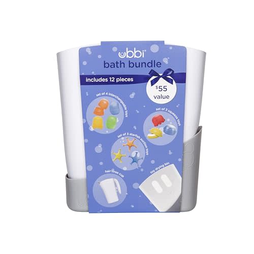 Ubbi Bath Toy & Drying Bin Bundle, Includes 10 Bath Toys, 1 Hair Rinse Cup and 1 Gray Toy Drying Bin, Infant and Toddler Bathtub Accessories