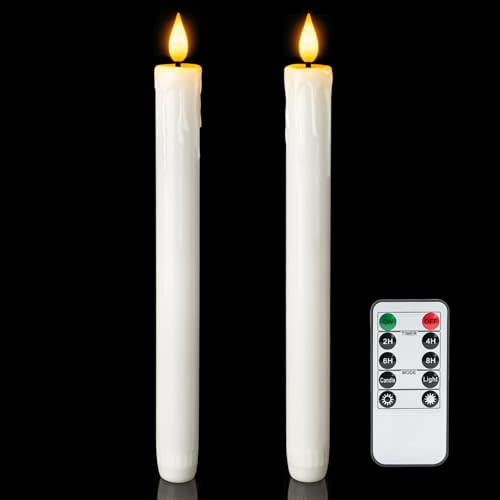 Homemory Real Wax Flameless Taper Candles with Remote Timer, 9.6 Inches White LED Flameless Candlesticks, Dripless Battery Operated Window Candles Flickering Pack of 2 for Fireplace Xmas Halloween