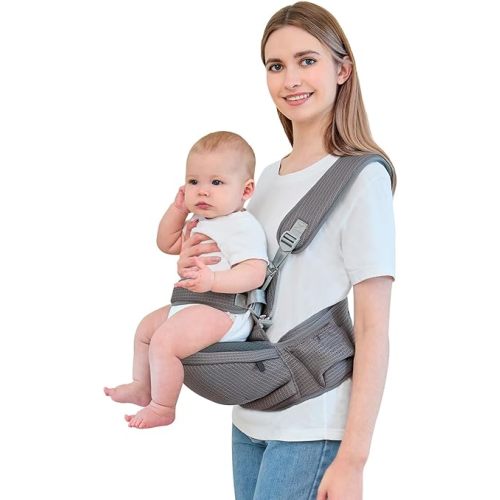 Baby Carrier - Hip Carrier for Baby with Baby Safety Strap - Toddler Carrier 7-45 lbs - Ergonomic Infant Holder with Hip Seat Large Capacity Pockets(Dark Grey)