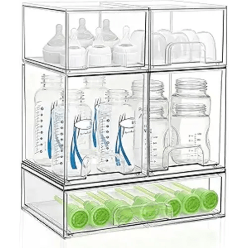 Bottle Storage Organizer Baby: Clear Stackable Storage Drawers, Acrylic Bottles Station Organizer for Countertop, Vanity, Bathroom, Cabinet Organization - 5 Pack